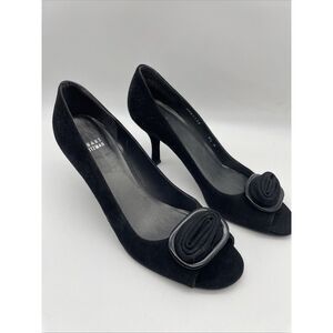 Stuart Weitzman Black Suede Peep Toe‎ Rosette Pumps Size 8.5 M